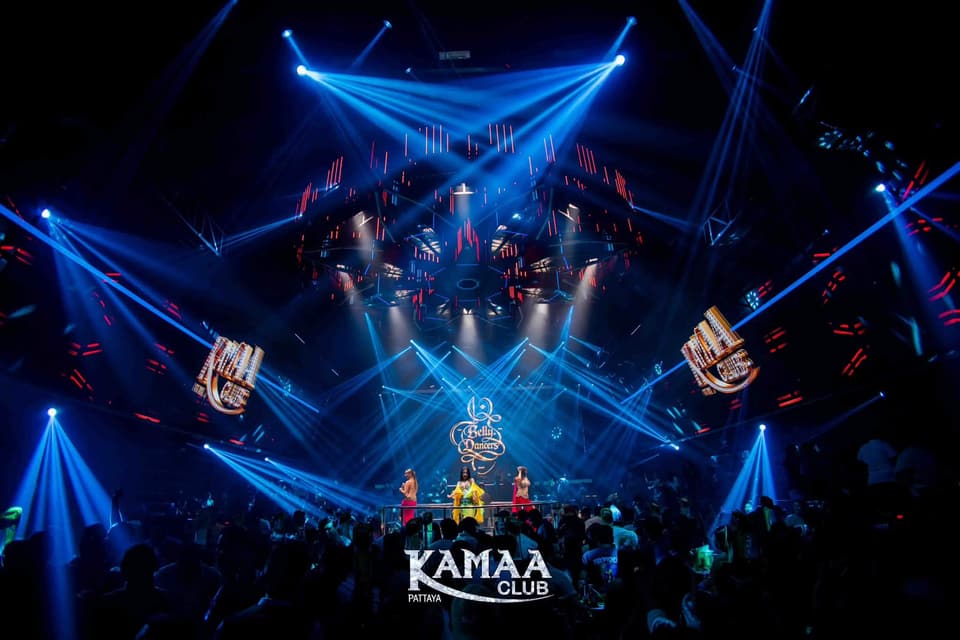 Blue light beams over the stage and dance floor at Kamaa Club Pattaya