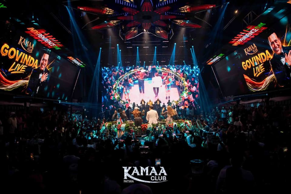 Stage screens showing 'Govinda Live' above a packed crowd at Kamaa Club Pattaya