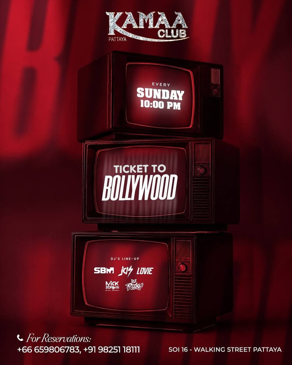 Ticket to Bollywood poster for Sunday nights at Kamaa Club Pattaya, showing stacked red retro televisions