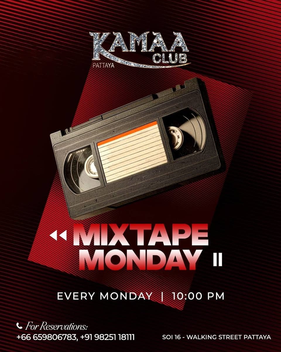 Mixtape Monday poster for Monday nights at Kamaa Club Pattaya, featuring a vintage cassette tape