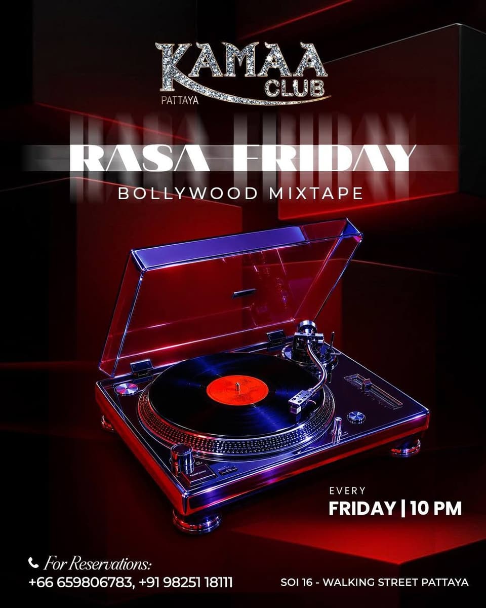 Rasa Friday Bollywood Mixtape poster for Friday nights at Kamaa Club Pattaya, featuring a turntable