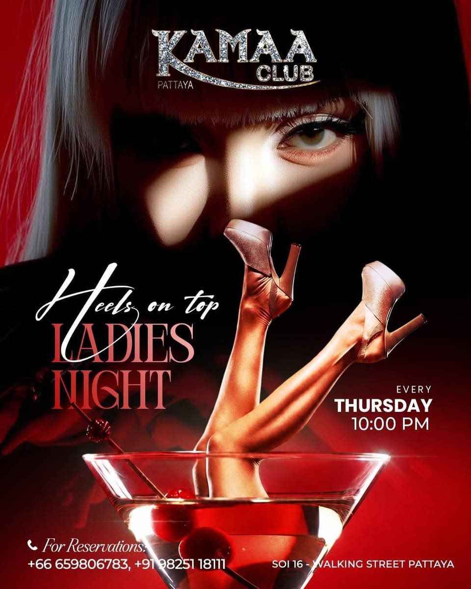 Heels on Top Ladies Night poster for Thursday nights at Kamaa Club Pattaya, with high heels in a cocktail glass