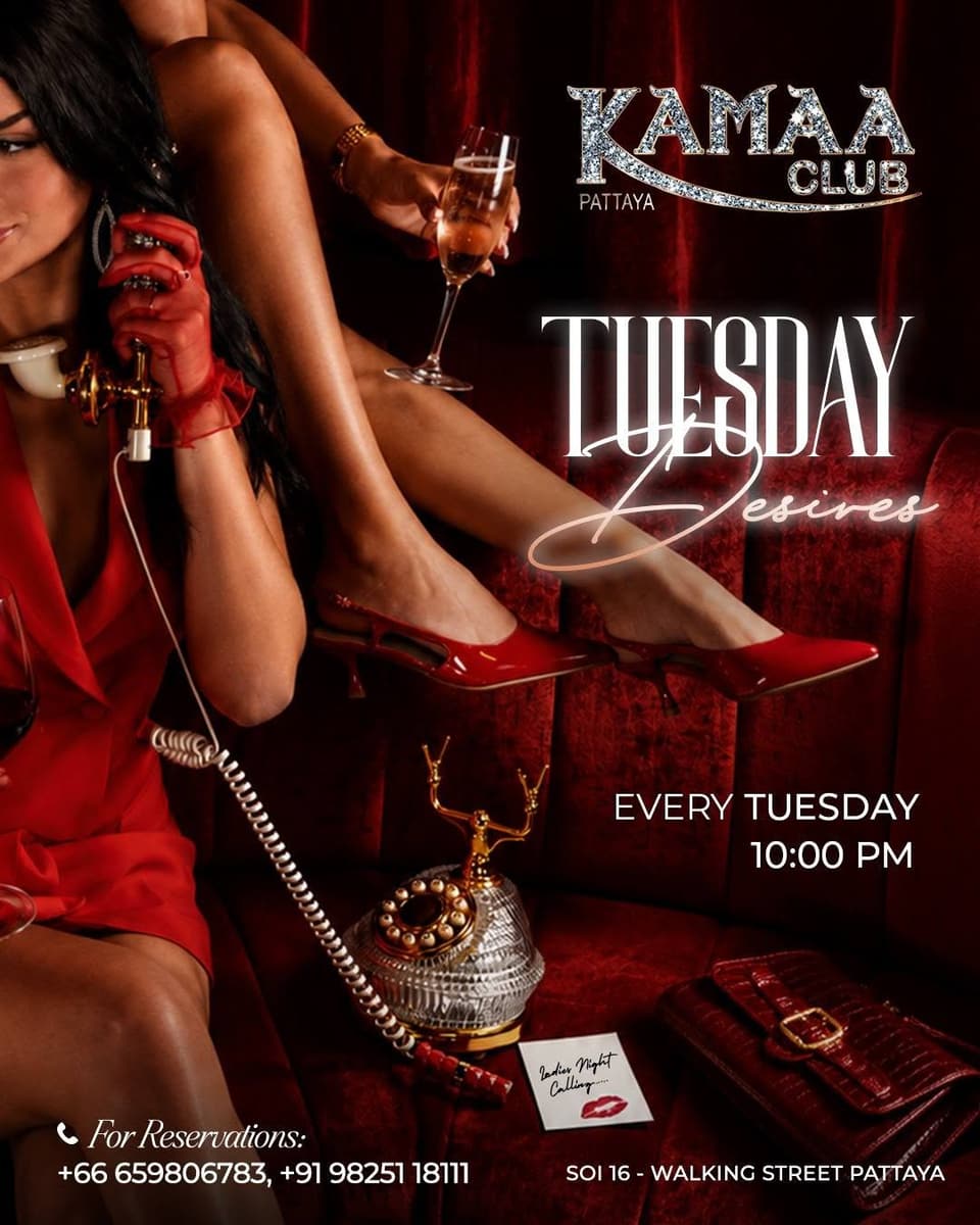 Tuesday Desires poster for Tuesday nights at Kamaa Club Pattaya, with a glamorous figure in red holding a vintage telephone