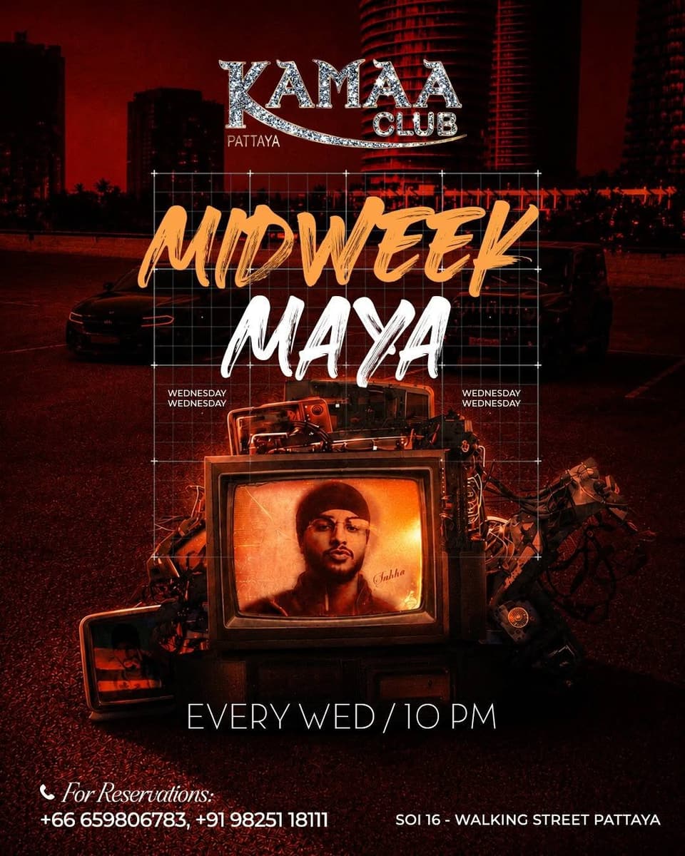 Midweek Maya poster for Wednesday nights at Kamaa Club Pattaya, with a retro television in a red city scene