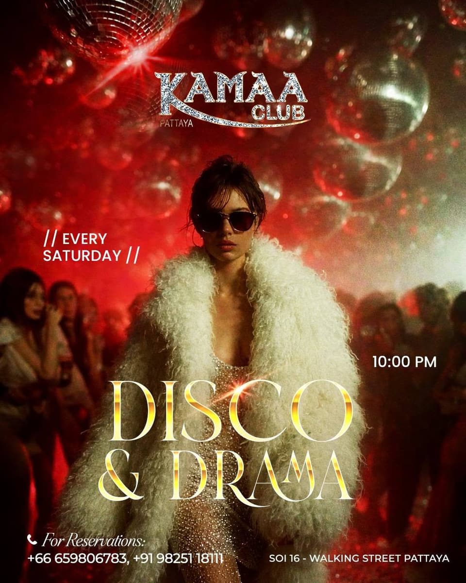 Disco & Drama poster for Saturday nights at Kamaa Club Pattaya, with mirror balls and a figure in a fur coat